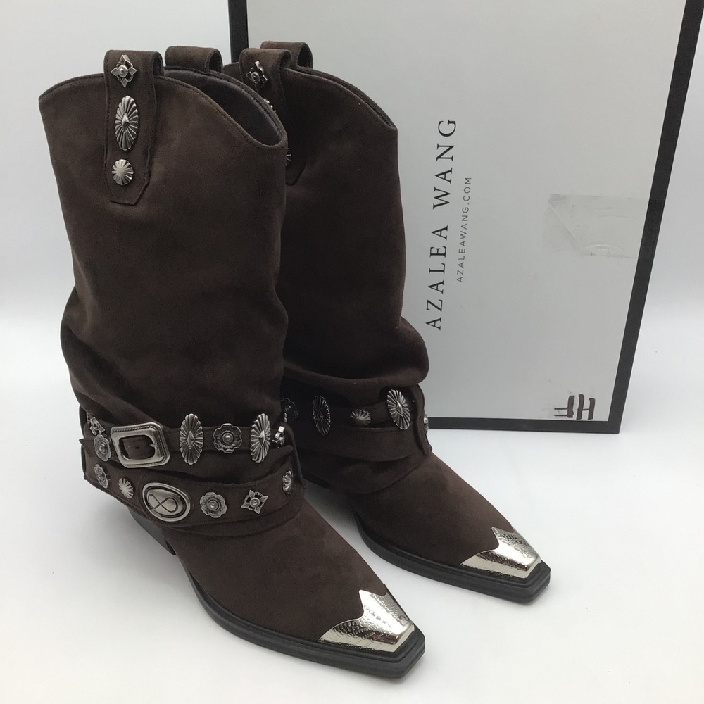 Azalea Wang Ashraf Chocolate Western Bootie Metal Detail Brown Boots Size 7 NEW